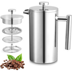 Pluzluce 1000ml / 34oz Cafetière French Press kavos virimo aparatas, 8 puodelių Cafetiere nerūdijančio plieno dvigubos sienelės izoliuoti kavos gyvūnai, nešiojamas kavos spaudos puodelis namams, biurui, kelionėms, stovyklavimui