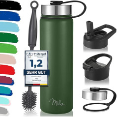 Milu nerūdijančio plieno butelis vandeniui 500 ml, 750 ml, 1000 ml (+ 3 dangteliai) - termosas su šiaudeliu, izoliuotas butelis vandeniui, nepralaidus vandeniui, dvigubų sienelių, tinkamas gerti gazuotus gėrimus