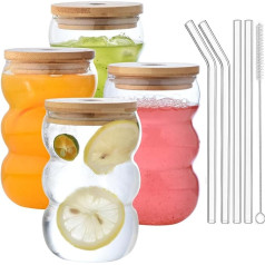 VITEVER Latte Macchiato stiklinių rinkinys, 4 kavos stiklinės su dangteliais, saugios plauti indaplovėje, 550 ml burbulinės stiklinės, ilgos gėrimų stiklinės, kokteilių stiklinės, nemokamas šepetėlis ir šiaudelis
