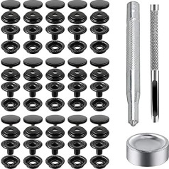BetterJonny 220 vnt. 15 mm juodos spalvos Snap tvirtinimo detalės žalvario + nerūdijančio plieno Snap tvirtinimo detalės su replėmis ir 3 reguliavimo įrankiais, skirtais valčių drobės krepšiui, odos amatams