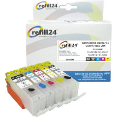 refill24 -5 pakartotinai užpildomos rašalo kasetės, suderinamos su Canon PGI-580 XXL, CLI-581 XXL, Pixma TS6150, TS8150, TS9155, TR7550, TR8550, TS6250, TS8250, TS9550, TS705, TS6350, TS8350