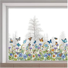 GORGECRAFT 118 x 39 cm gėlių lango lipdukai Žalioji žolė Daisy Flowers Butterfly langų lipdukai Skaidrus vitrininis lango lipdukas Nelipni dvipusė statinė plėvelė vasaros rudens stiklo stumdomas