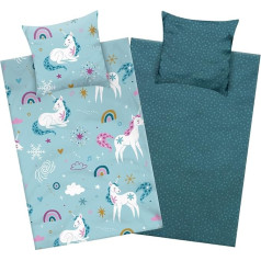 Aminata kids Unicorn Patalynė 135 x 200 cm Flanelinė mergaičių flanelė Medvilninis petrolis su vaivorykšte - vaikiškas dvipusis patalynės komplektas - Zip | ÖkoTex | Unicorn | Horse Animal Motif