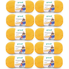 Gründl Happy uni Mezgimo ir nėrimo siūlai su vilnos charakteriu 100% poliakrilas Anti-Pilling 100 g / 250 m Dygsnio dydis 4-5 10 x 100 g Kukurūzų geltona