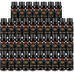 100 % gryno šalavijo eterinio aliejaus rinkinys difuzoriui, aromaterapinis jazminų eterinio aliejaus rinkinys drėkintuvui, populiarus, 37 x 10 ml, citronelės, pelargonijos, imbiero, rožės, kipariso, kedro eterinių aliejų rinkinys