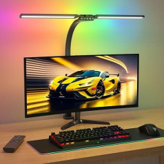 SIBRILLE RGB dvigubos galvutės stalinė LED lempa, reguliuojamo ryškumo 22 W, 80 cm, prispaudžiama, reguliuojamo ryškumo dienos šviesos lempa, stalinė lempa su nuotolinio valdymo pulteliu, monitoriaus lempa, kompiuterio lempa, skirta darbo stalui, p