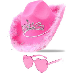 Kaubojaus skrybėlė Rožinė kaubojė skrybėlė su blizgučiais ir tiara karūna moterims Rodeo šalis skrybėlės su širdies akiniais