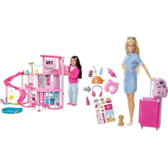 BARBIE - Svajonių vila, baseino vakarėlio lėlių namelis su daugiau nei 75 dalimis ir nusileidimo per 3 aukštus ir lėlių Barbės svajonių namo nuotykiai, kelionių Barbė šviesiais plaukais