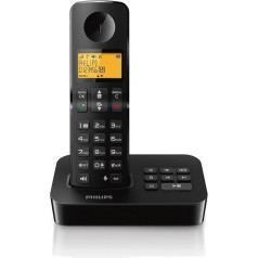 PHILIPS fiksuotojo ryšio telefonas D2651B/01 Single - Belaidis telefonas su atsakikliu - 1,6 colio ekranas - Telefonų knyga - Numerių atpažinimas - Greitojo rinkimo mygtukai - Didelis veikimo nuotolis - Juodas