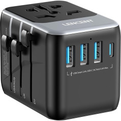 LENCENT Universalus kelioninis adapteris pasaulinis tarptautinis adapteris su 3 USB ir C tipo PD įkrovimo prievadais, skirtas ES, Europos Sąjungai, JAV, Jungtinei Karalystei iš A/C/G/I tipo lizdų, daugiau kaip 200 šalių, pilkas