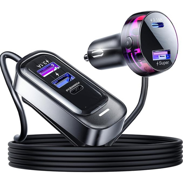 Cigarečių žiebtuvėlio USB C 100 W su spalvota aplinkos šviesa, PD 30 W QC 3.0 greitojo įkrovimo automobilinis įkroviklis, 5 prievadų USB tipo C dviejų prievadų išvesties cigarečių žiebtuvėlio adapteris iPhone iPad Samsung nešiojamajam komp