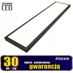 LED lubų skydelis 120x30 48w lempos plona kasetė 6000k šalta + paviršius montuojamas juodas rėmas