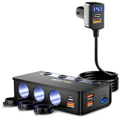 9 viename BESTEK 180 W cigarečių žiebtuvėlio skirstytuvas, automobilinis įkroviklis su 65 W PD ir 4 prievadų QC3.0 automobiliniu įkrovikliu USB C cigarečių žiebtuvėlio adapteris USB su LED apšvietimu iPhone Dash Cam iPad GPS