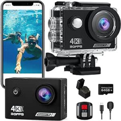 TIMNUT veiksmo kamera 4K30 kadrų per sekundę, povandeninė kamera, WiFi kamera, 20 MP HD 170° FOV su EIS šalmo kamera, 40 m / 131 pėdų vandeniui atspari kamera su 2 baterijomis, 64 G SD kortelė ir šalmo tvirtinimo priedų rinkiniai