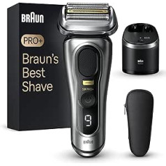 „Braun Series 9 Pro+“ vyriškas elektrinis skustuvas su 5 profesionaliais skutimosi elementais, ilgų plaukų kirpimo mašinėlė „ProTrimmer“ ir valymo stotis, veikimo laikas 60 minučių, „Gift Man“, pagaminta Vokietijoje, 9567 cm3, sidabrin