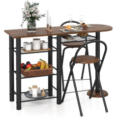 Relax4Life Baro stalo komplektas 3 dalių valgomojo stalas su 2 sulankstomomis kėdėmis ir 4 lentynomis, stalas su metaliniu rėmu, valgomojo komplektas 2 žmonėms, pramoninis dizainas, bistro stalo komplektas valgomajam, barui