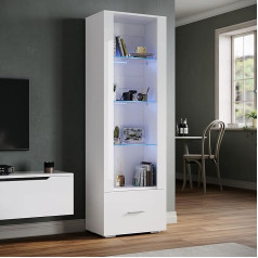 Sonni Vitrina su LED apšvietimu, stiklinė vitrina su stalčiais, baltas blizgus priekis, kolekcionavimo vitrina, W550 x D350 x H1720 mm