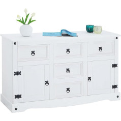 Caro-Möbel Rural Mexico Sideboard Kaimo namų stiliaus kietos pušies bufetas baltai lakuotas 5 stalčiai ir 2 durys