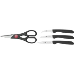Zwilling 43967-200-0 Daugiafunkcinės žirklės, juodos spalvos, 20 x 5 x 5 cm ir 38115001 Peilių daržovėms rinkinys, 3 dalys, plastikinės, juodos spalvos