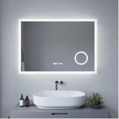AQUABATOS® Echo serijos vonios kambario veidrodis 100 x 70 cm D tipo vonios kambario veidrodis su apšvietimu Kosmetikos veidrodis nuo rūko Makiažo veidrodis 3x didinimas Skaitmeninis laikrodis Jutiklinis jungiklis Pritemdomas Vėsiai balta 6400 K