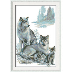CaptainCrafts Kreuzstich-Set, Wolf, geprägt, 11-fädig, Stoff, Kreuzstich, DIY, Kunst, Handarbeiten, Stickset für Erwachsene (Wolffamilie, gestempelt)