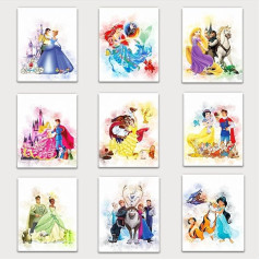 DERMAN HOUS Princess Wall Art Decor, akvarelės atspaudai - rinkinys 9x10 colių - princesės miegamojo dekoras, princesės kambario dekoras, princesės sienų dekoras mergaičių miegamajame