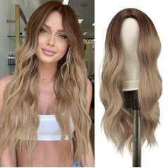 FESHFEN Ilgas garbanotas perukas, 55 cm Ombre Blonde perukas Blondinė ruda vidurinė dalis Moterų perukai Natūralūs sintetiniai perukai Moterų garbanotas banguotas perukas Šalis vakarėliui kasdien