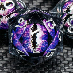 KERWELLSI Liquid Core Beholder's Dragon Eye DND kauliukų rinkinys D&D su dovanų dėžute, violetinė derva, aštrūs kraštai, 