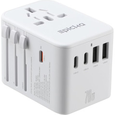 EPICKA kelioninis adapteris visame pasaulyje, GaN universalus kelioninis kištukas 70 W PD greitasis įkroviklis, kelioninis adapteris su 3 USB-C, 2 USB-A, tarptautinis kištukinis lizdas DE JAV JK Japonija Tailandas Baltas