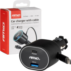 Greitasis automobilinis įkroviklis su ištraukiamu kabeliu 85w pd30w pd20w + qc3.0 usb-a usb-c -04176