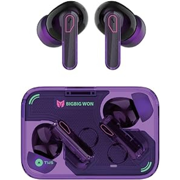 BIGBIG laimėjo tikrą belaidį triukšmą slopinančias skaidrias „Bluetooth“ ausines, triukšmą slopinančias „Bluetooth 5.3“ ausines, žaidimams / muzikai dvigubo režimo lengvas violetines ausines, skirtas „iPhone“ / „Android“ / asmen