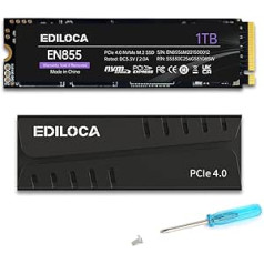 Ediloca EN855 vidinis žaidimų SSD su aušintuvu, 1 TB PCIe Gen4, NVMe M.2 2280, iki 7400 MB/s, 3D NAND TLC, vidinis kietojo kūno diskas, 1 GB DRAM talpyklos konfigūracija, suderinama su PS5 ir asmeniniu kompiuteriu