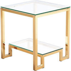 Get Set Style Stiklinis staliukas, modernus kvadratinis staliukas su stikline lentyna, 2 pakopų staliukas su auksiniu nerūdijančio plieno rėmu, staliukas svetainei, balkonui, miegamajam