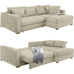 Luma-Home Schönes Für Dein Zuhause 15154 Ilgalaikė kampinė sofa su spyruokliniu paminkštinimu, 288 x 186 cm, lovos dėžė, miego funkcija, 3 m² gulimas plotas, galimybė sumontuoti otomaną kairėje arba dešinėje, su velveto užvalkalu, smėlio p