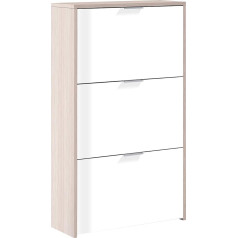 Habitdesign 3 durų siaura batų lentyna blizgios baltos spalvos ir kanadietiško ąžuolo - matmenys: 60 cm (plotis x 113 cm (aukštis) x 22 cm (gylis)