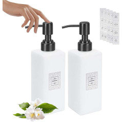 2 rinkinių rinkinys, 350 ml muilo dozatorius, matinės baltos spalvos, stikliniai šampūno buteliai, vonios kambario rinkinys su 20 etikečių, losjono dušo gelio dozatorius, skalbimo skysčio dozatorius su nerūdijančio plieno siurbliu, pildomasis si