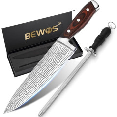BEWOS virėjo peilių rinkinys su galandinimo peiliu, 21 cm profesionalus virtuvinis peilis, ultra damaskinis virtuvinis peilis, aštrus virtuvinis peilis, mėsos peilis, nerūdijančio plieno virėjo peilis, skirtas buičiai, virtuvei ir