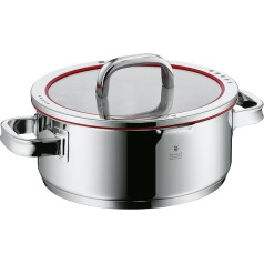 WMF virtuvės indai Ø 24 cm, maždaug 4,1 l Funkcija 4 Viduje esantis dangtelis - nupilkite arba išpilkite skysčius neišpilstydami, kad indai ir viryklė būtų švarūs. Tuščiavidurės šoninės rankenos stiklinis dangtis Kromarganinis nerūdijanti