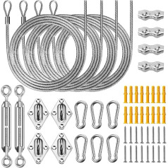 UIRWAY markizės montavimo rinkinys, 52 dalių nerūdijančio plieno įrangos rinkinys stačiakampiam trikampiui stogui, tvirtas nerūdijantis įrangos rinkinys lauko sodo terasai (įtempiklis + 304 nerūdijančio plieno vielos virvė)