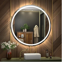 KWW 80 cm LED apvalus vonios kambario veidrodis, reguliuojama spalvų temperatūra, nuo rūko reguliuojamos šviesos, sieninis makiažo veidrodis su išmaniuoju jutikliniu mygtuku