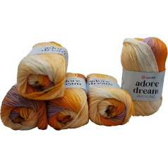 5 x 100 g YarnArt Adore dream Antipilling mezgimo siūlai, vilna, įvairiaspalvė, 500 g spalvinio gradiento mezgimo vilnos (alyvinė oranžinė balta balta geltona 1053)