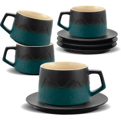 Kapučino puodeliai su padėkliukais 4 vnt., 200 ml reljefiniai kavos puodeliai su padėkliuku Latte Art, rankų darbo gradientiniai žali kavos puodeliai, pagaminti iš akmens masės puodelių, dovanos kavos mėgėjams, arbata