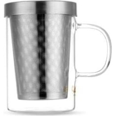 Arbata ir arbata Feelino 350 ml arbatos puodelis su rankenėle Skaidrus nerūdijančio plieno filtras ir dangtelis / Arbatos stiklinė su filtru / 350 ml borosilikatinio stiklo puodelis su filtru