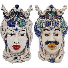 sicilia bedda - Caltagirone Keraminės Sicilijos Moro galvutės - Pagamintos tik rankomis - Aukštis 18 cm (1 pora mėlynų galvučių)