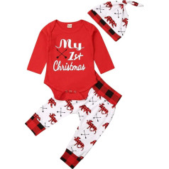 XIXIMAON Naujagimių kūdikių berniukų Mano pirmosios Kalėdos 2 kalėdinės aprangos rinkinys ilgomis rankovėmis Bodysuit Romper Santa Print Stripes/Plaid/Bear Print kelnės kepurė