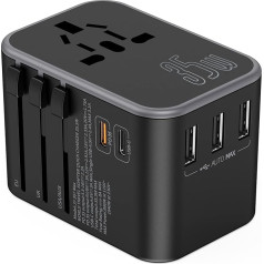 Kelionės adapteris Kelionės adapteris visame pasaulyje Tarptautinis kelionių adapteris su 1 PD/QC 20 W greitojo įkrovimo + 1 C tipo 15 W greitojo įkrovimo + 3 USB ir kintamosios srovės kištukinių lizdų adapteriais JAV, ES, JK nuo 150+