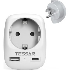 TESSAN JAV adapterio kištukinis lizdas, 3 in 1 kelioninis adapteris JAV su 1 USB C ir 1 USB A, adapteris JAV Vokietijos kištukas 1875W, adapteris iš ES į JAV, JAV kištukinio lizdo adapteris Tailandui, Kanadai, B tipo kelioninis kištukas