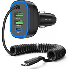 KUBOWAI 72 W automobilinis USB C įkroviklis, 4 prievadai, 12 V 24 V dvigubo lusto cigarečių žiebtuvėlis, PD tipo greitasis įkrovimas, su 1,5 m spiraliniu kabeliu, naudojamas 