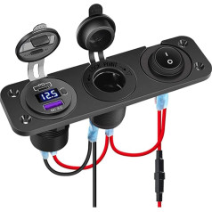 Automobilinio įkroviklio perjungimo skydelis, 12V-24 QC3.0 USB prievadas + PD prievado įkrovimo lizdas su įjungimo / išjungimo jungikliu + cigarečių žiebtuvėlio adapteris + voltmetras + įjungimo / išjungimo perjungimo skydelis (3 skylių skydeli