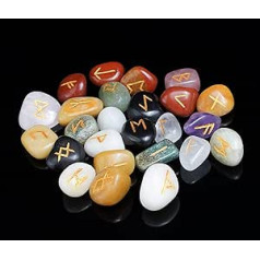 „Crocon Mix Chakra Elder Futhark Alphabet Graviertes“ simbolis „Runenstein“ 25-TLG. Rinkinys Feng Shui Reiki Crystal Healing Balancing Spiritual Metaphysical Decor Gręšys: 15-20 mm su einam Beutel